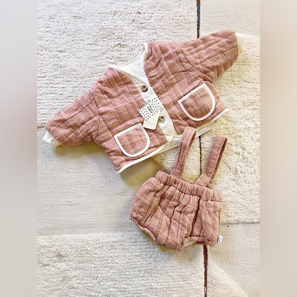 Baby Matching Set Suspender Bloomers Jacket Adjustable Quilted Plaid Check 6-12m